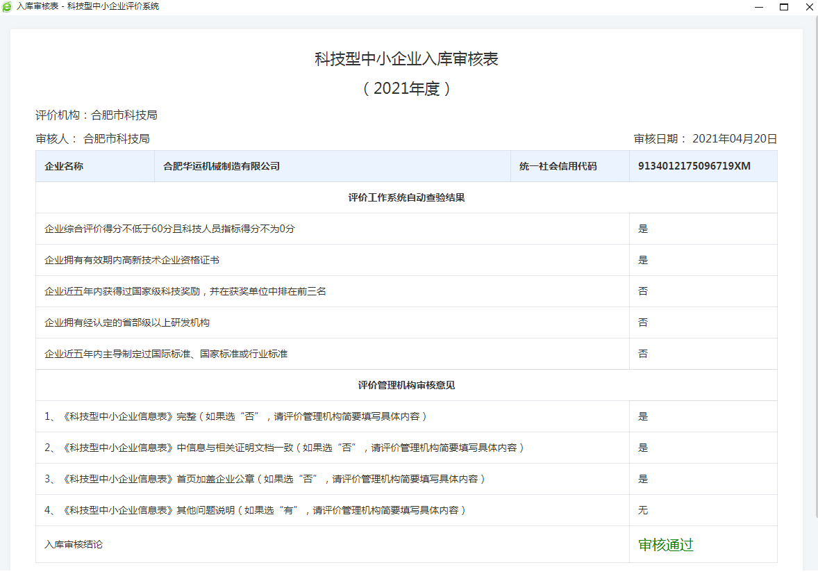 祝賀合肥華運機(jī)械獲得“科技型中小企業(yè)”稱號